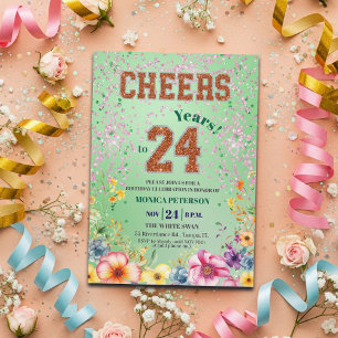 Pink Emerald Glitter Floral 24th Birthday Party Invitation