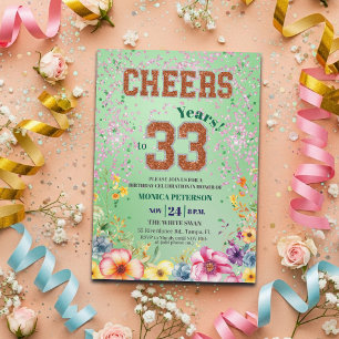 Pink Emerald Glitter Floral 33rd Birthday Party Invitation