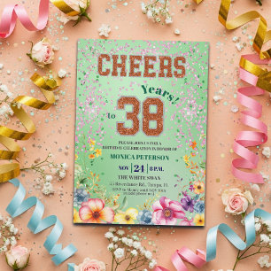 Pink Emerald Glitter Floral 38th Birthday Party Invitation