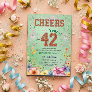 Pink Emerald Glitter Floral 42nd Birthday Party Invitation
