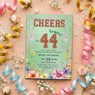 Pink Emerald Glitter Floral 44th Birthday Party Invitation