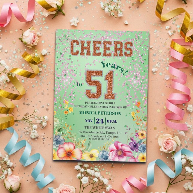 Pink Emerald Glitter Floral 51st Birthday Party Invitation (Creator Uploaded)