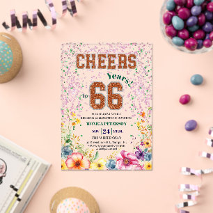 Pink Emerald Glitter Floral 66th Birthday Party Acrylic Invitations