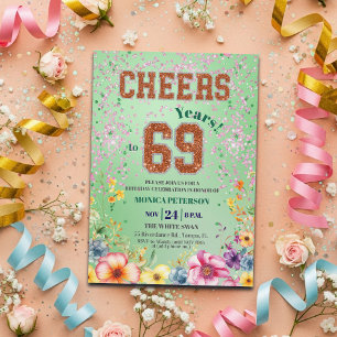 Pink Emerald Glitter Floral 69th Birthday Party Invitation