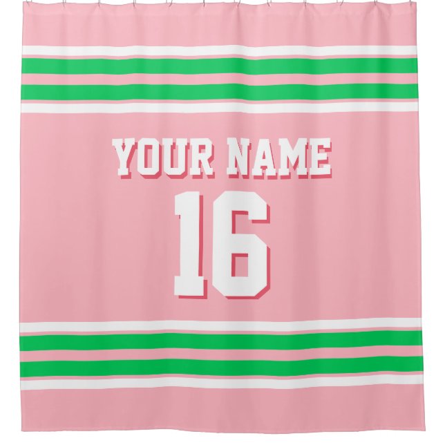 Pink Emerald Green White Stripes Sports Jersey Shower Curtain (Front)
