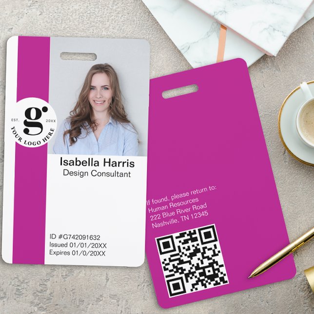 Pink Employee ID Badge with Photo & QR Code (Creator Uploaded)