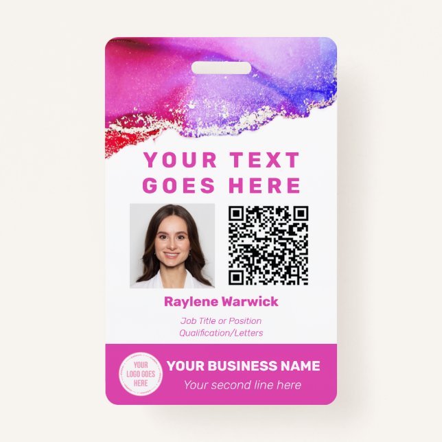 Pink Employee Photo ID QR Code Badge ID Badge (Front)