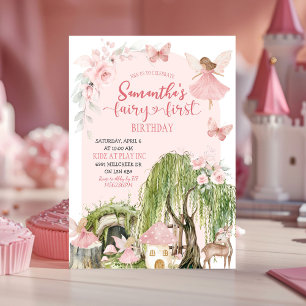 Pink Enchanted Forest Girl Fairy First Birthday Invitation