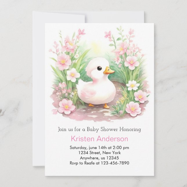 Pink Enchanted Wildflowers Duck Girl Baby Shower Invitation (Front)