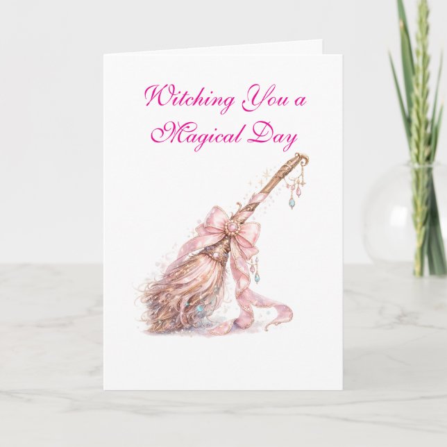 Pink Enchanted Witch Broom Greeting Card (Front)