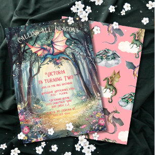 Pink Enchanted Woodland Forest Dragon Birthday Invitation