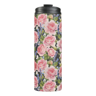 Pink English Rose: Dark Watercolor Thermal Tumbler