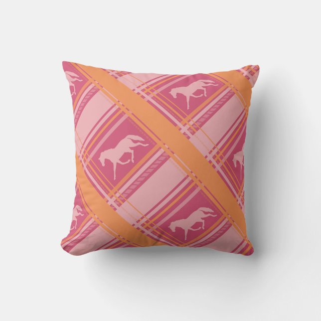 Pink Equestrian Plaid Pony Pattern Cushion (Front)