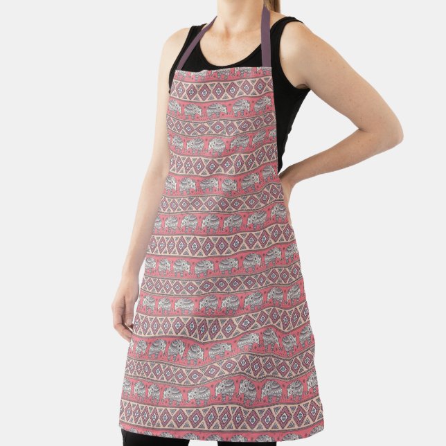 Pink Ethnic Elephant Pattern Apron (Insitu)