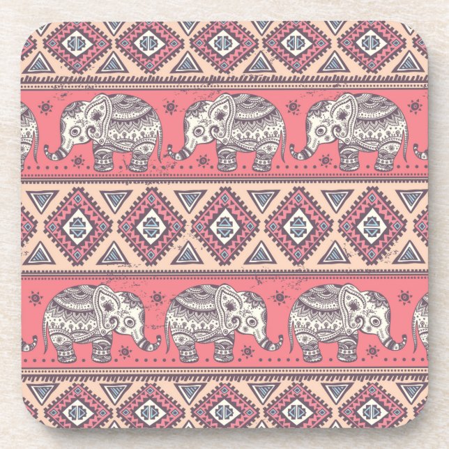Pink Ethnic Elephant Pattern Coaster (Front)