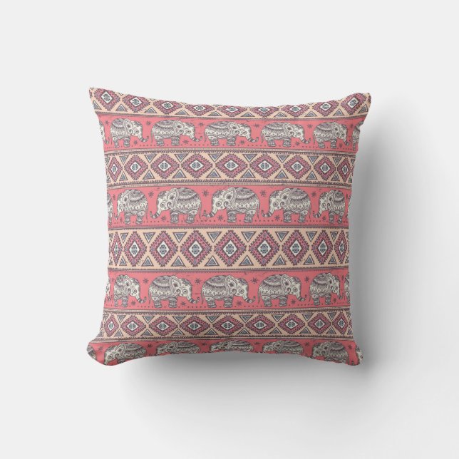 Pink Ethnic Elephant Pattern Cushion (Front)
