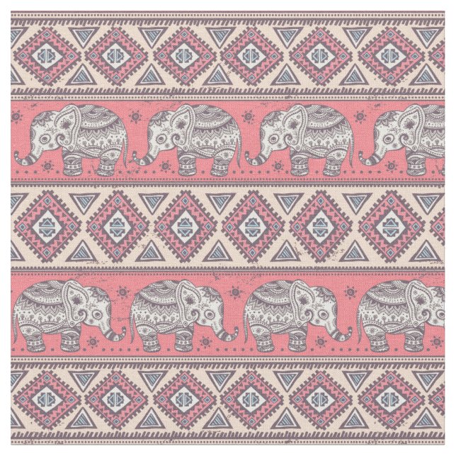 Pink Ethnic Elephant Pattern Fabric (Close Up)