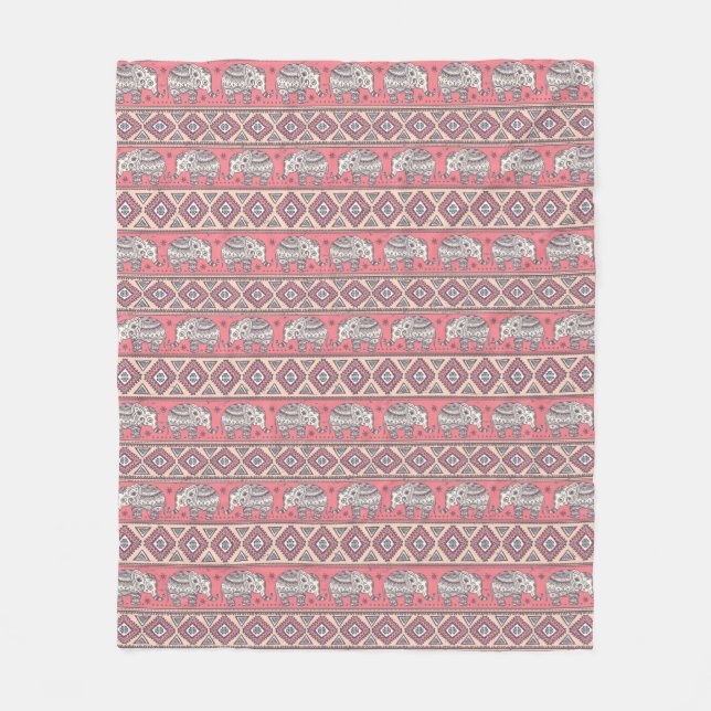 Pink Ethnic Elephant Pattern Fleece Blanket (Front)
