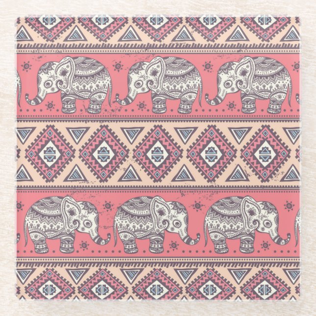 Pink Ethnic Elephant Pattern Glass Coaster (Front)