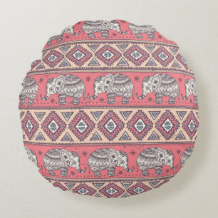 Pink Ethnic Elephant Pattern Round Cushion