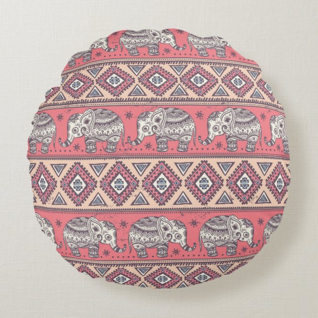 Pink Ethnic Elephant Pattern Round Cushion (Front)