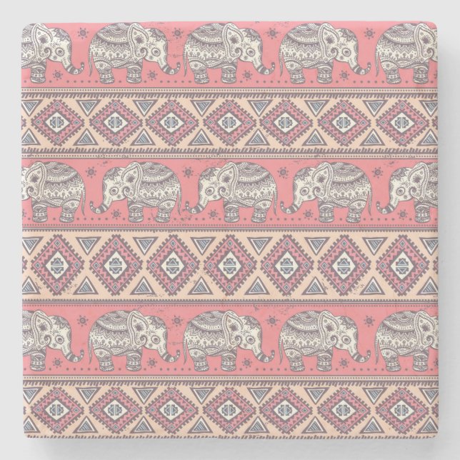 Pink Ethnic Elephant Pattern Stone Coaster (Front)