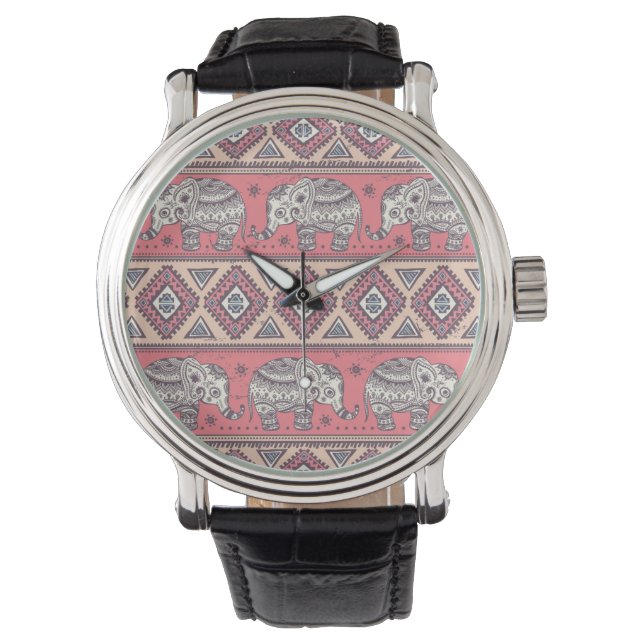 Pink Ethnic Elephant Pattern Watch (Front)