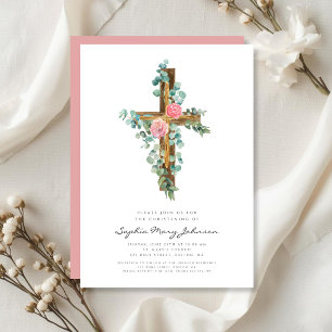 Pink Eucalyptus Cross Religious Christening Invitation