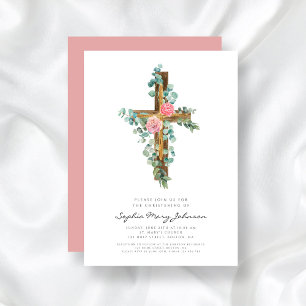 Pink Eucalyptus Cross Religious Christening  Invitation