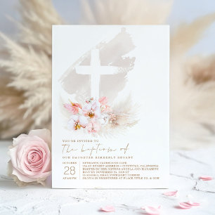 Pink Exotic Flower Cross Pampas Grass Girl Baptism Invitation