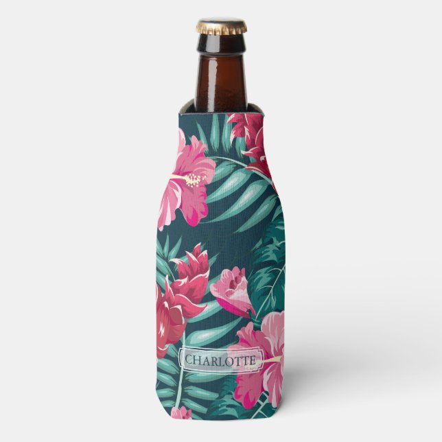 Pink Exotic Flowers Monogram design Bottle Cooler (Bottle Front)
