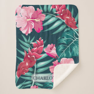 Pink Exotic Flowers Monogram Sherpa Blanket