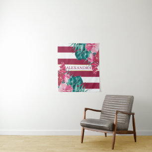 Pink Exotic Flowers striped Burgundy Tapestry