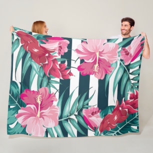 Pink Exotic Flowers striped Fleece Blanket