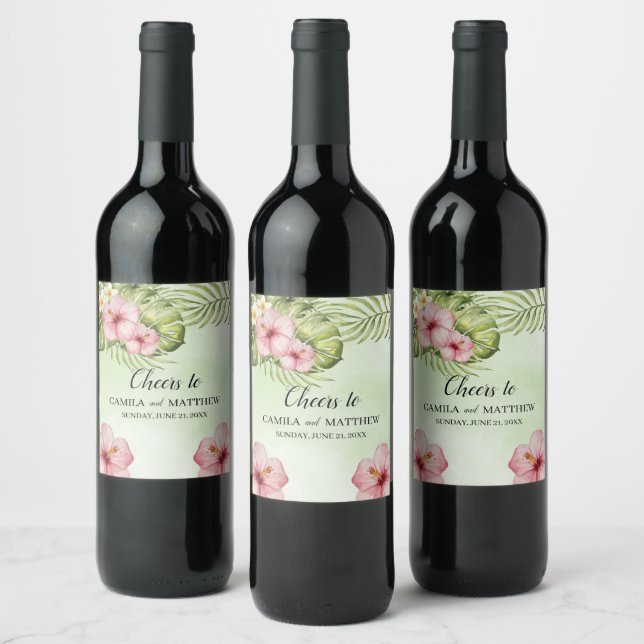 Pink Exotic Flowers Wine Label (Bottles)