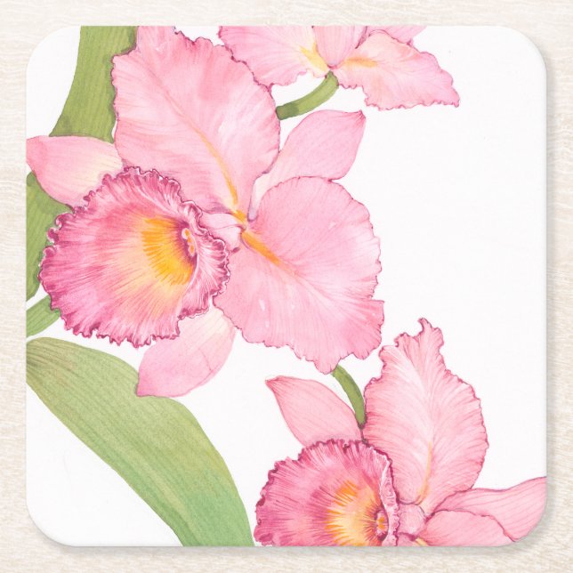 Pink Exotic Watercolor Flowers Square Paper Coaster (Front)