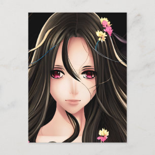 Pink Eyed Brunette Anime Girl Cartoon Postcard