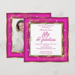Pink Fabulous 50 Photo Gold Pearl birthday Party Invitation