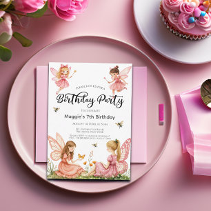 Pink Fairies Woodland 7th Birthday Party Invitation