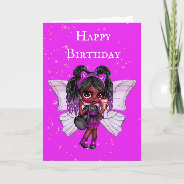 Pink fairy African American cute girl birthday Card (Front)