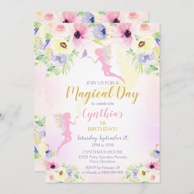 Pink Fairy Birthday Invitation Fairy Garden (Front/Back)