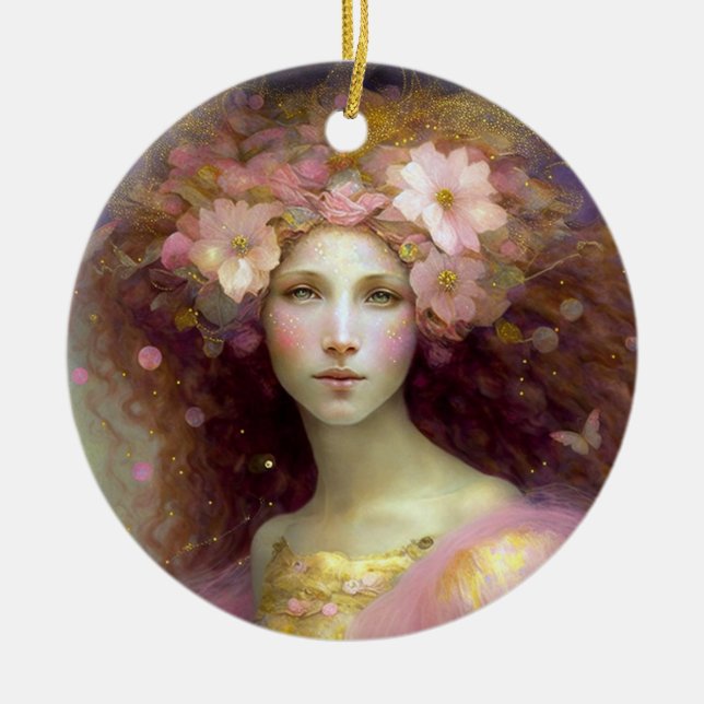 Pink Fairy Fantasy Art Ceramic Tree Decoration (Front)
