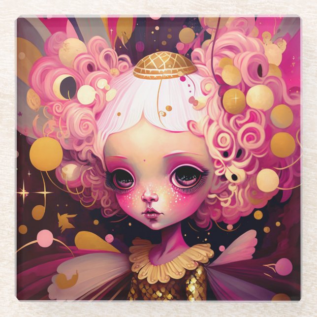 Pink Fairy Fantasy Art Glass Coaster (Front)