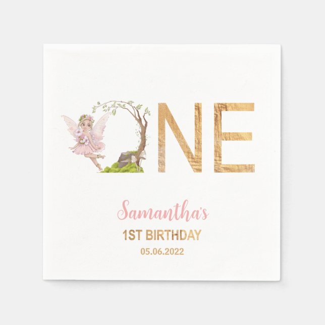 Pink Fairy Floral Forest 1st Birthday Napkin (Front)