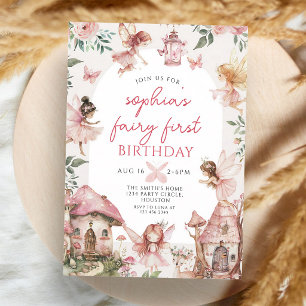 Pink Fairy Floral Girl's 1st Birthday Invitation