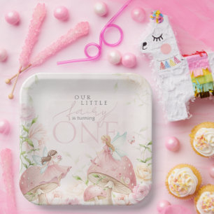 Pink Fairy Mushroom Floral Garden 1st Birthday Paper Plate