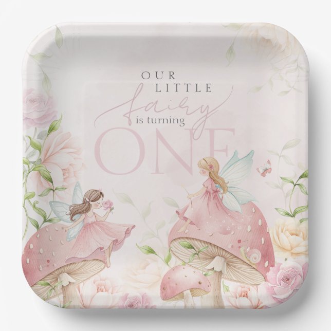 Pink Fairy Mushroom Floral Garden 1st Birthday Paper Plate (Front)