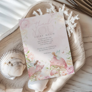 Pink Fairy Mushroom Floral Garden 1st Birthday Thank You Card