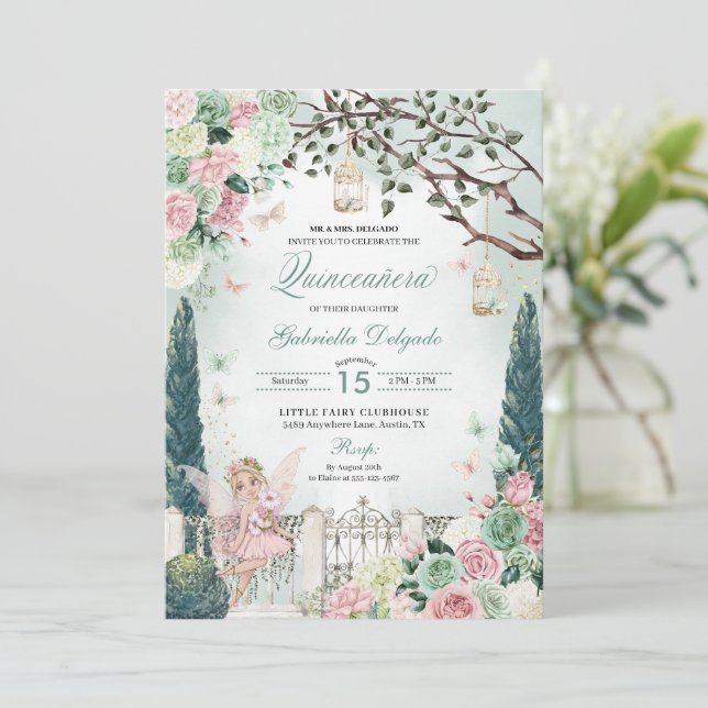 Pink Fairy Princess Enchanted Garden Quinceanera Invitation (Standing Front)