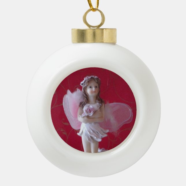 Pink Fairy  Round White Oranment Ceramic Ball Christmas Ornament (Front)